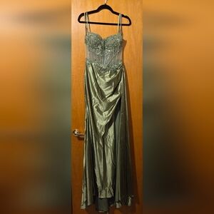 Beaded Olive Maxi Skirt with Draped Satin Panels